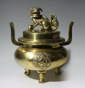 時代市場■真鍮大谷派紋上彫入獅子蓋丸香炉■仏具・仏像・仏教美術