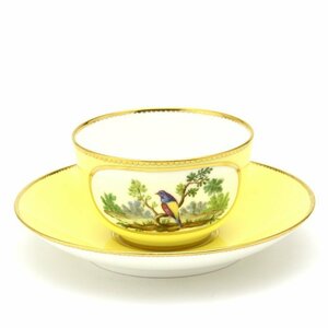 セーブル(Sevres) 超希少 軟質磁器 ティーカップ＆ソーサー カラーブル(アントワネットイエロー-2) 十八世紀の鳥文様 新品, 茶器, カップ＆ソーサー, ティーカップ