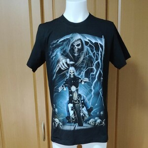 ROCK EAGLE「死神ライダー」半袖TシャツS-M 黒 鎌を持った白髪の死神 オートバイ エンジン ツイン ロックイーグル 