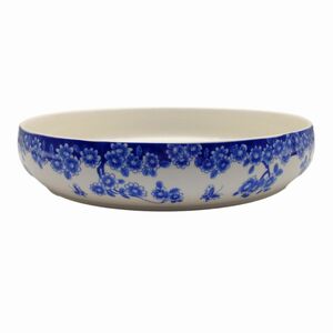 大皿 インテリアトレイ 美しい白と青 丸型 陶器製 (蝶と花)