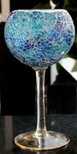 キャンドルホルダー ワイングラス型 モザイクガラス (ブルー,大)