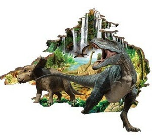 ウォールステッカー 壁を突き破る恐竜 滝のある森林 3D風