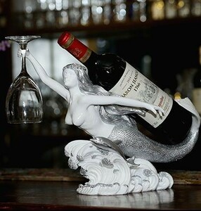 ワインボトルホルダー グラスを持つ人魚姫 アンティーク風 (シルバー)
