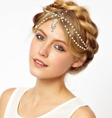 Haarpflegezubehör, perlenartige Kette mit Juwelen (weiß x gold), Handgefertigt, Accessoires (für Damen), Haarpflegezubehör