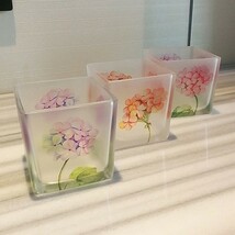 キャンドルホルダー ミニフラワーポット すりガラス風 植物のイラスト 3個セット (あじさい)_画像1