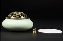 香炉 アンティーク風 ミルキーカラー 陶器製 蓋 お香立て付き (グリーン)_画像1