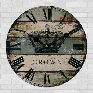 掛け時計 王冠と切手 ビンテージ風 丸型 円形 木質風