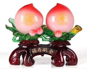 置物 2つの大きな桃とミニ桃 福寿の文字入り 台座付き 中国風 縁起物
