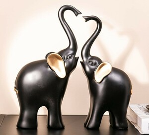 置物 スタイリッシュな動物 ブラック ゴールドの耳と尻尾 バイカラー モダン 2体セット (象)