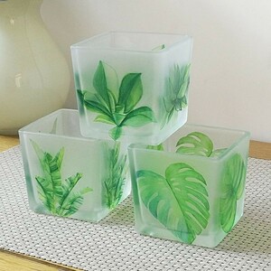  candle holder Mini flower pot abrasion glass manner plant. illustration 3 piece set ( Nankoku manner leaf )