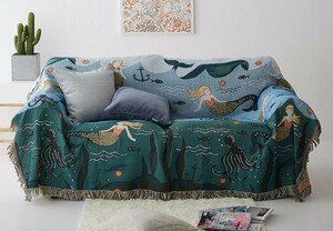 マルチカバー 海の中のかわいいマーメイド 人魚デザイン フリンジ付き (大サイズ)