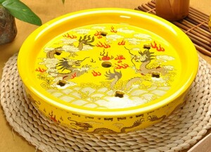 茶盤 中国茶道具 勇壮な龍 ドラゴン 鮮やかな黄色 丸型 陶器製