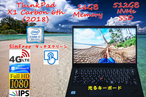 Win11 Ready,ThinkPad X1 Carbon 2018 6th i7-8650U 16GB,512GB SSD,タッチスクリーン fHD IPS,Sim Free LTE,カメラ Bluetooth 指紋,Win10
