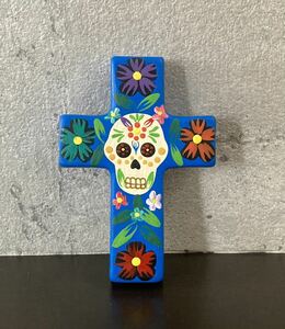 メキシコ雑貨　十字架　カラベラ　壁飾り　ブルー