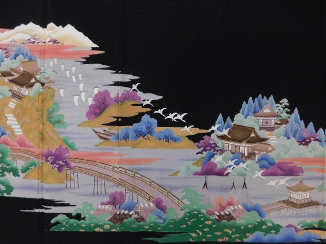 [Selección especial de Rakufu] P18369 Hermoso Yuzen negro Tomesode pintado a mano forrado en bk, moda, kimono de mujer, kimono, tomesode
