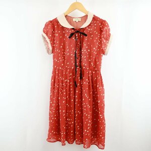 dazzlin Dazzlin Heart total pattern ribbon tuck gya The - puff sleeve flair One-piece M red beige red light brown lady's KR1903-112