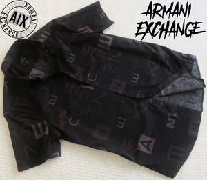  new goods * Armani * total pattern black short sleeves shirt * stretch slim * Brown gray Logo print black tea XL*ARMANI*392