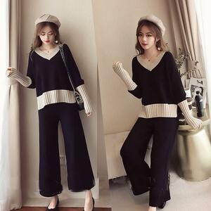 * free shipping * autumn winter new work Korea manner lady's knitted tops & wide pants setup M size 