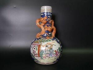 中国古玩 大清同治年製款 色絵粉彩人物花鳥風景図花瓶 花器 壷 高さ35cm 時代 骨董 中国美術