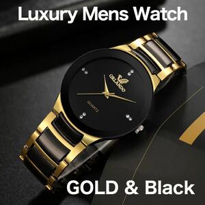 【新品】 ラグジュアリー メンズウォッチ 腕時計 ビジネス　カジュアル ブラック ゴールド 001