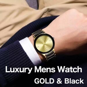 【新品】 ラグジュアリー メンズウォッチ 腕時計 ビジネス　カジュアル ブラック ゴールド 002