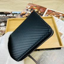 【田中革具】 訳あり 青×黒 ★ カーボンレザー 長財布 ラウンドファスナー ロングウォレット 牛革 メンズ 財布 革財布 1円 一円 新品_画像4