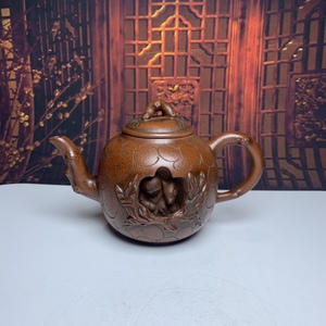 【典藏*紫砂精彫 紫砂壺*童子壺】茶壺 茶道聖品 極美品 中国古美術 容量：350cc