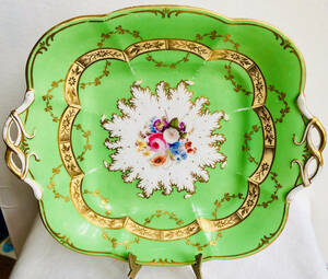 １８３６年　H&R Danielアカンサスシェイプロココスタイル盛り上げ金彩ハンドペイントフラワーブーケパターンサンドウイッチ盛り皿