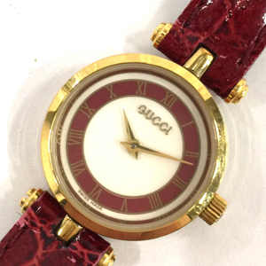 グッチ 腕時計 GQ2050 シェリーライン 白×赤文字盤 ゴールド金具 2針 クォーツ レディース 純正ベルト 箱付 GUCCI