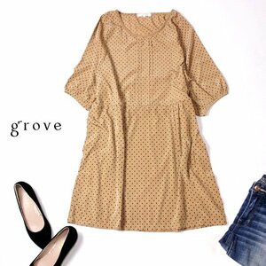 ☆☆ 美品 (株)ワールド grove グローブ ☆☆ 可愛いブレード・ドット柄 柔らか ワンピース L 春 夏 22B06