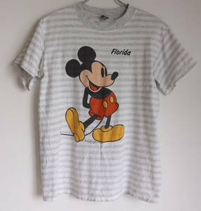 ディズニー オフィシャル ミッキーマウス Tシャツ　80's アメリカ製 グレー霜降り ボーダー柄 ビンテージ ヴィンテージ フロリダ プリント