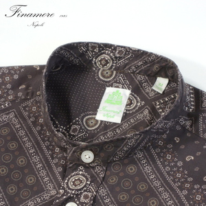 【定価3.5万・新品・M】Finamore（フィナモレ）LORENZO CLARK コットンプリント バンドカラーシャツ ダークブラウン 045732