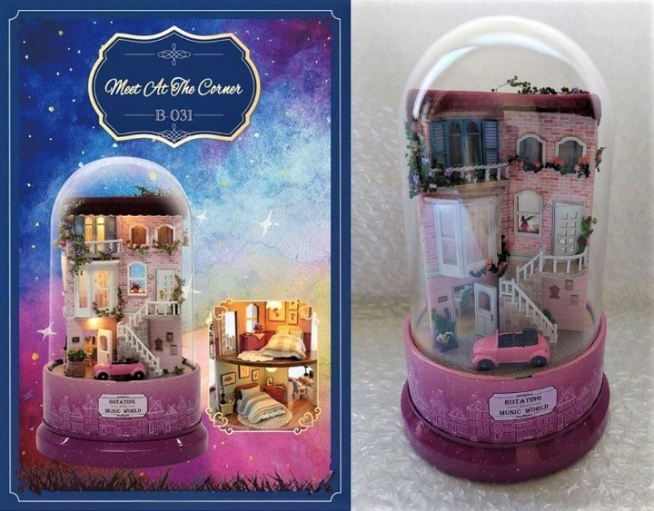 Finished Product Handmade CuteBee Miniature Dollhouse Meet at Corner Street Corner 360 Degree Rotating Music Box Furniture Lighting Dome Set with Light, toy, game, doll, character doll, Dollhouse