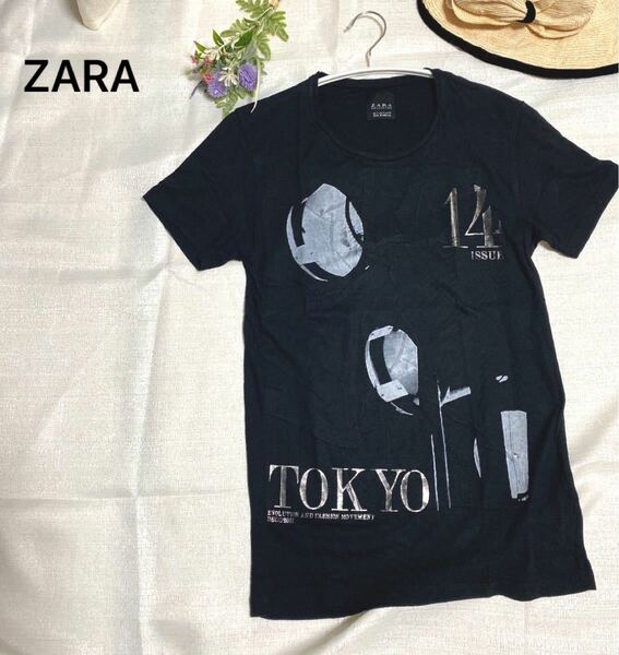 ＊ZARA Tシャツ　ブラック　半袖　シワ加工　プリント＊