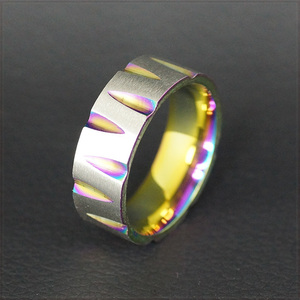 [RING] V Shape Cut Titanium Steel Rainbow V字 カット チタン ヒート グラデーション レインボー 8mm フラット リング 13号 【送料無料】