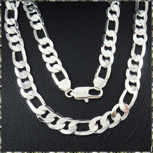 [NECKLACE] 925 Sterling Silver Plated シャイニング 6面カット フィガロ チェーン シルバー ネックレス 9.5x500mm (58g) 【送料無料】