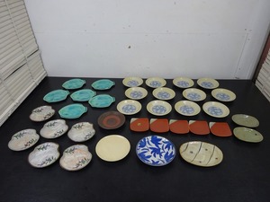 和風皿　小皿　銘々皿　全35枚　アイボリー　波に花びら　スカイブルー　ヒラメ柄　おかめ顔型　紫花模様　他　管理記号M