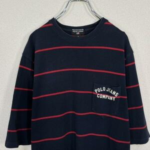 【90s】ポロジーンズ　ポケットTシャツ　ボーダー柄　カノコ生地　刺繍ロゴ