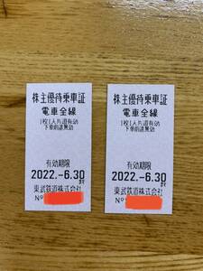 【送料無料】東武鉄道 株主優待乗車券 2枚　2022年6月30日迄使用可能