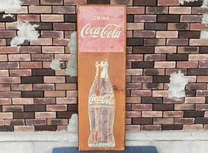 K6Z 昭和レトロ 当時物 Coca-Cola コカ・コーラ ホーロー看板 ブリキ看板 琺瑯看板 45cm × 136cm 大判 コカコーラ カンバン 縦長 長方形