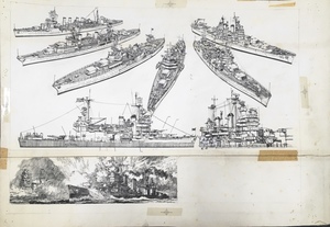 真作保証品『小松崎茂 直筆原画 アメリカの巡洋艦 『ワイルドムック3 帝国連合艦隊 世界の軍艦シリーズ』原画』1977年