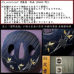 【刀装具 #2369 ★特別出品★】名工「濱野直随」が誇る至高の名作 松樹吹寄図 赤銅磨地鍔 金色絵 特別貴重【これぞ無銘の大名品！】