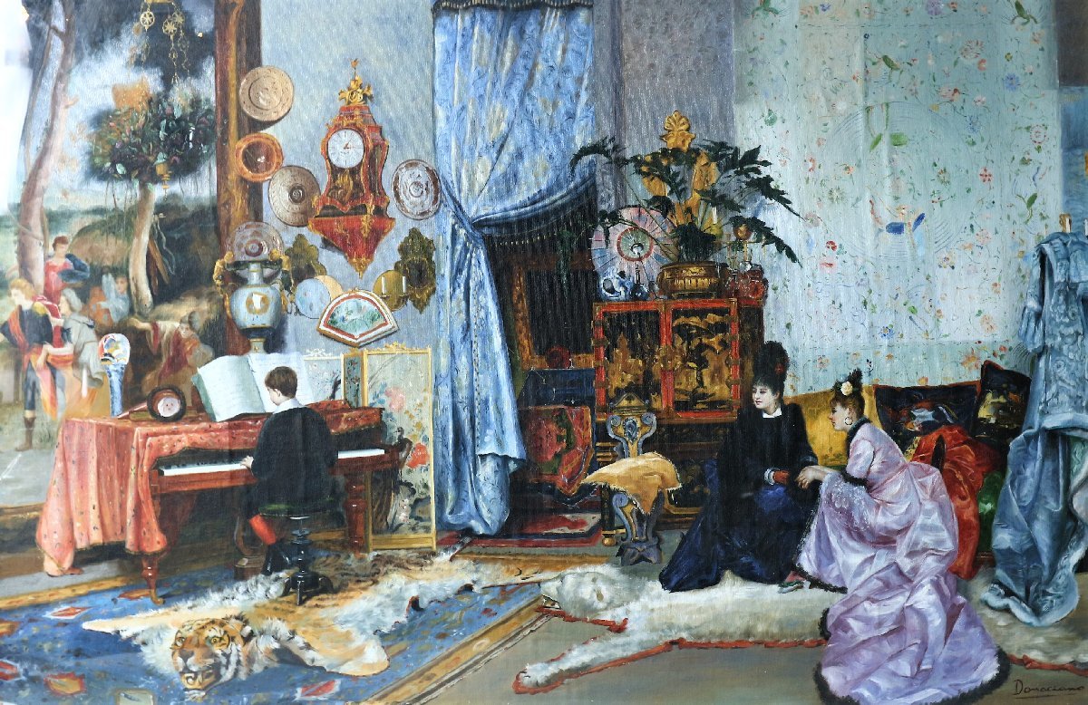 Donaciano Junge spielt Klavier und zwei Frauen Ölgemälde, großes gerahmtes Objekt / Ölgemälde, Western, Aristokrat, Klavier, Malerei, Ölgemälde, Andere