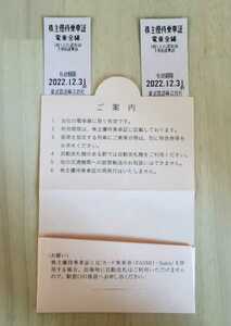 東武鉄道株主優待乗車証有効期限２０２２．１２．３１まで。乗車券２枚セット