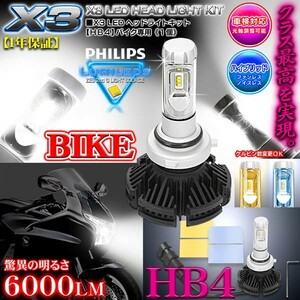 HB4 バイク用X3 PHILIPS 6000ルーメンLEDヘッドライトキット25W/6500K車検対応1個/1年保証