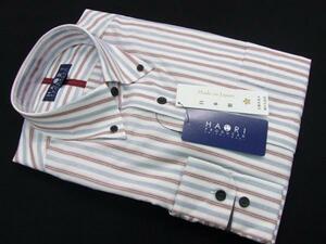 岩城晃一プロデュース【ＨＡＯＲＩ】日本製高級 綿100% 長袖ボタンダウンカジュアルシャツ・ホワイト地に縞柄・L寸