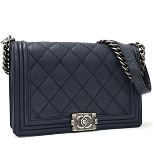 1円 ◎極美品 CHANEL シャネル チェーンショルダーバッグ ボーイシャネル ワイルドステッチ マトラッセ レザー ネイビー◎A.Dmio.mi