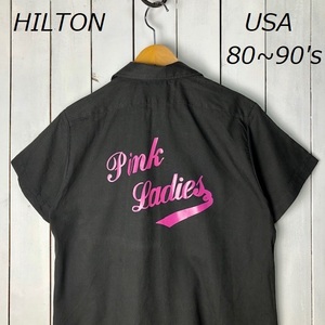 sh●350 USA古着 80s～90s USA製 HILTON バックプリント ボーリングシャツ M～L 黒 オールド ヴィンテージ アメリカ古着 春夏 ヒルトン