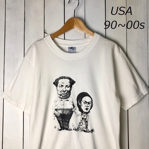 T●275 USA古着 90s～ シュール人物画 メキシコスーベニアTシャツ S 白 オールド ヴィンテージ アメリカ古着 モノクロ コミカル