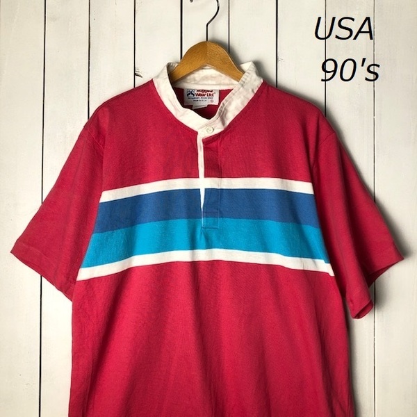 T●279 USA古着 90s USA製 立ち襟 スタンドカラー 半袖ラガーシャツ XL オールド ヴィンテージ ラグビーシャツ ボーダー シングルステッチ